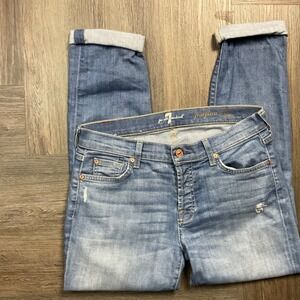 7 For All Mankind Josefina Skinny Boyfriend Jeans Womens 27 Blue Distressed Boho